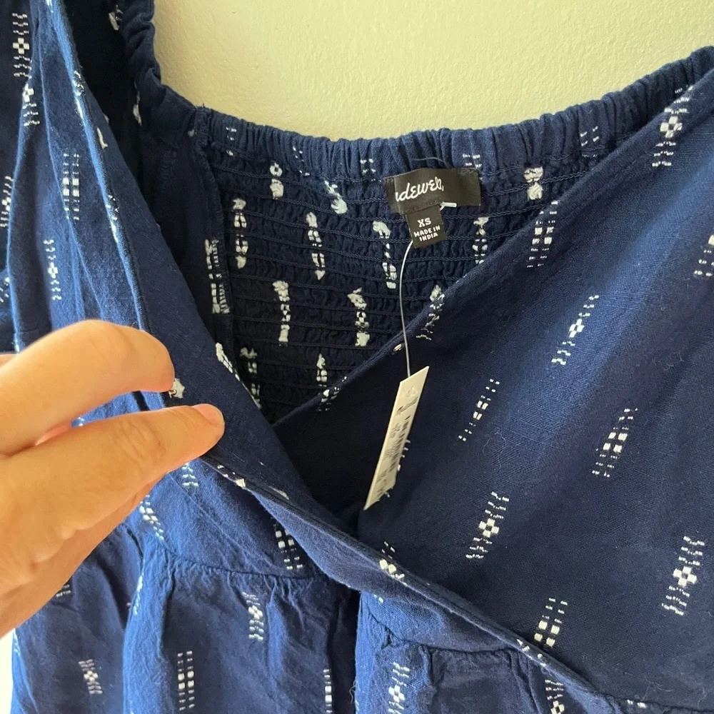 Madewell Sz M Jacquard Navy Puff Short Sleeve Cropped Top Blouse V Neck Pullover